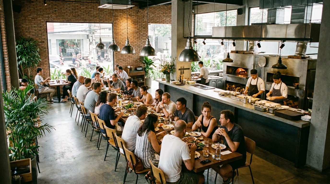 International restaurant in Thao Dien District 2 Saigon with modern interior, open kitchen, and diners visible at a shared dining table in an exposed-brick venue