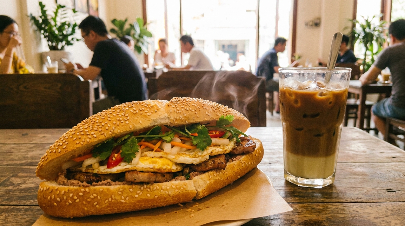 A fresh Vietnamese banh mi breakfast sandwich split open on a cafe table beside a tall glass of ca phe sua da iced coffee with condensed milk, with sesame seeds visible on the golden baguette crust