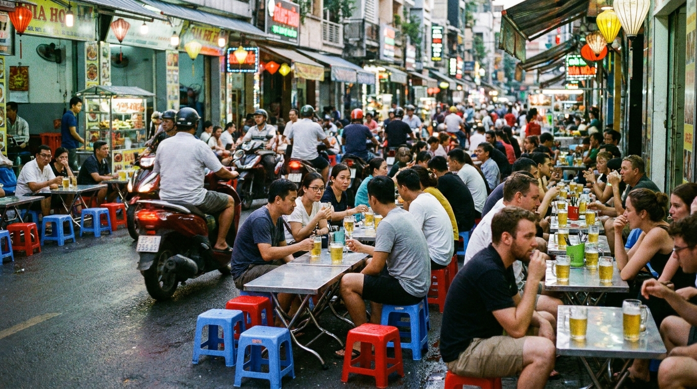The famous bia hoi corner near Bui Vien in Saigon with locals and backpackers crowded on plastic stools at low tables on the footpath, drinking glasses of cheap draught beer as motorbikes pass in the street