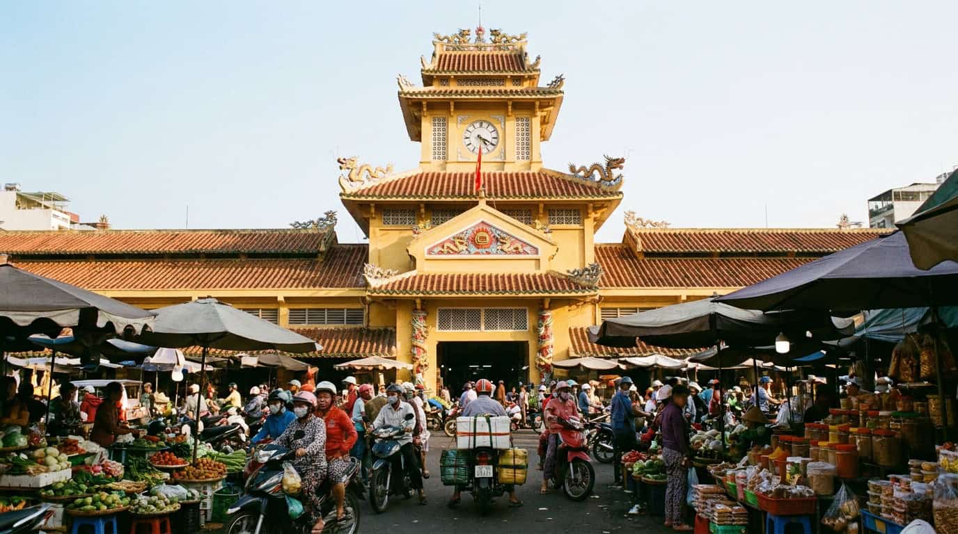 The ornate Chinese-style facade of Binh Tay Market in Cholon, Saigon, with its distinctive clock tower and tiered roofline, surrounded by busy morning street vendors and market activity
