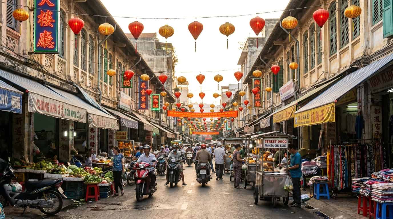 A Cholon street in District 5, Saigon, with traditional shophouse facades, Chinese lanterns strung between buildings, motorbike traffic, and morning market stalls in full activity