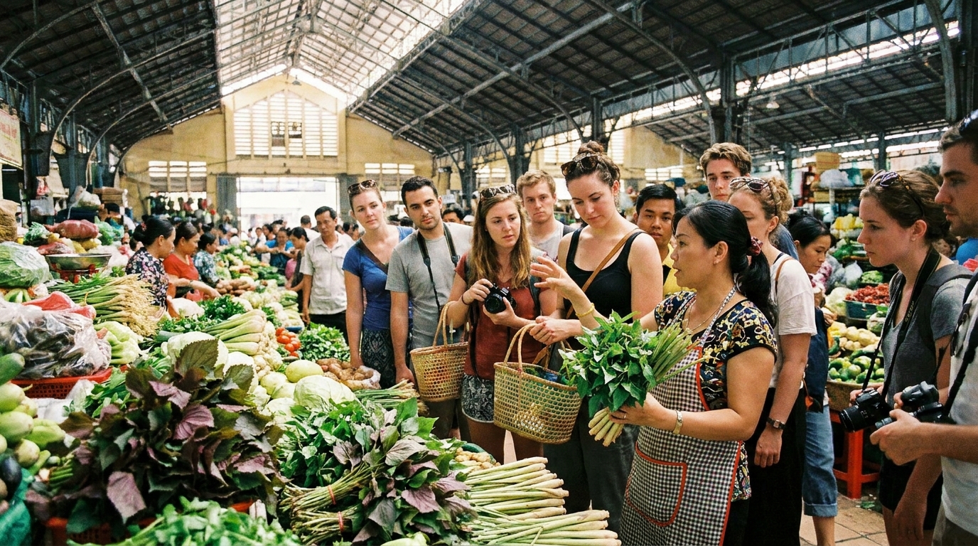 Cooking class market tour at Ben Thanh Market in Saigon with a guide showing fresh Vietnamese herbs including perilla, Thai basil, and lemongrass to a group of international cooking class participants
