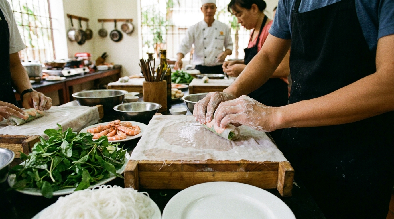 Cooking class participant rolling fresh spring rolls goi cuon at a Saigon culinary school, with rice paper on a damp cloth, prawn, herbs, and vermicelli noodles arranged on the station board