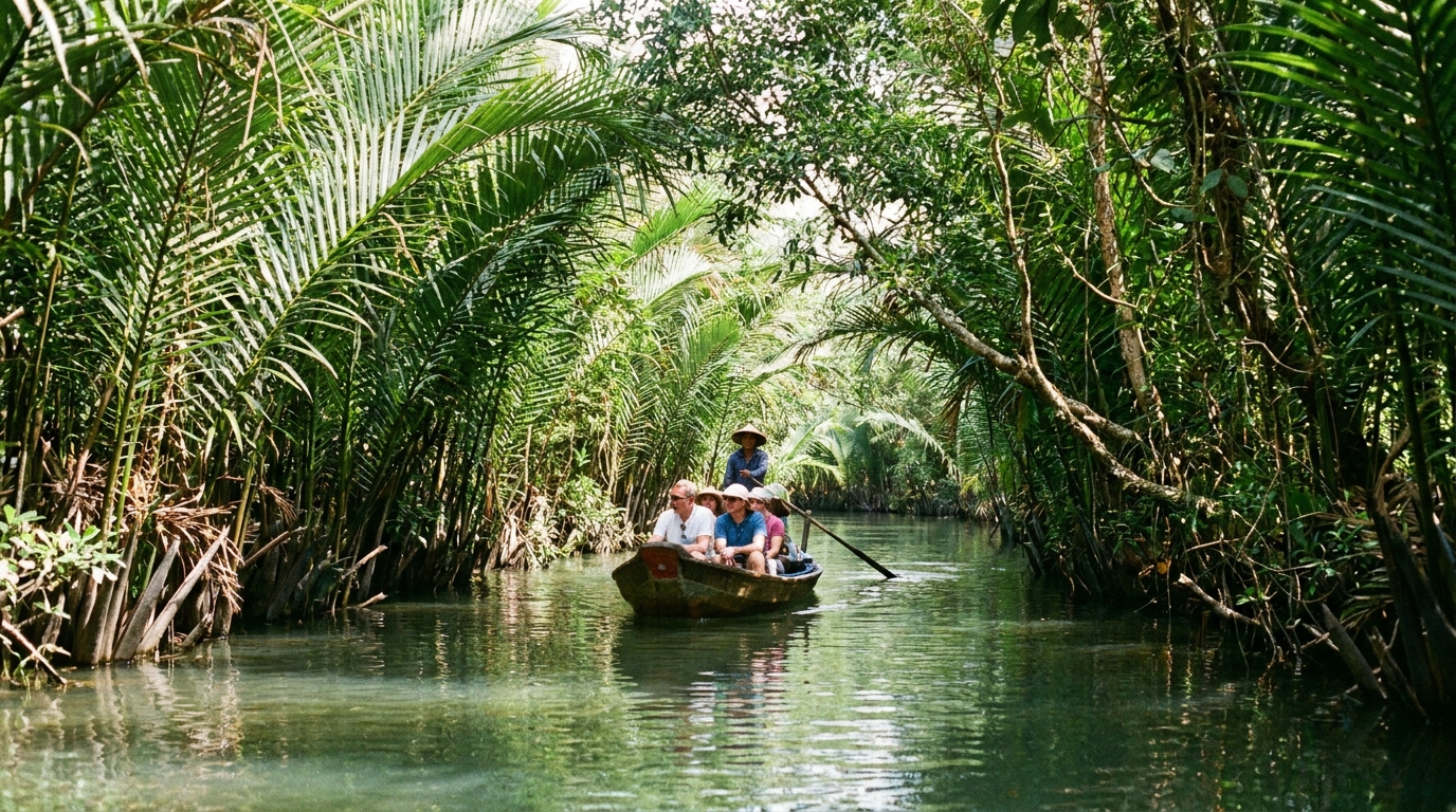 Tourists on a wooden sampan boat in a narrow Mekong Delta canal with overhanging tropical vegetation, clear water, and a peaceful delta water landscape.