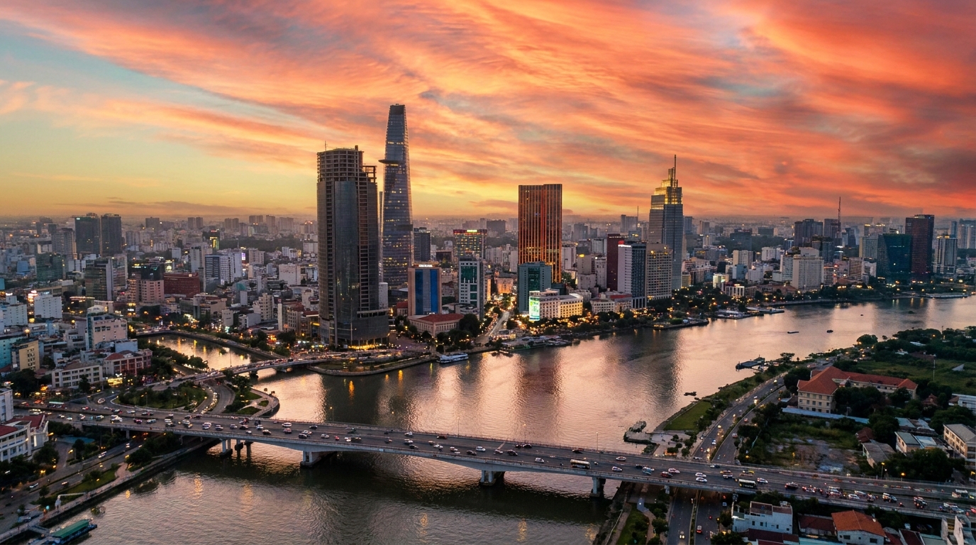 Saigon city skyline at sunset from the air, an orange and pink sky above the skyscrapers of the CBD, the winding Saigon River reflecting the colours below, aerial editorial photography