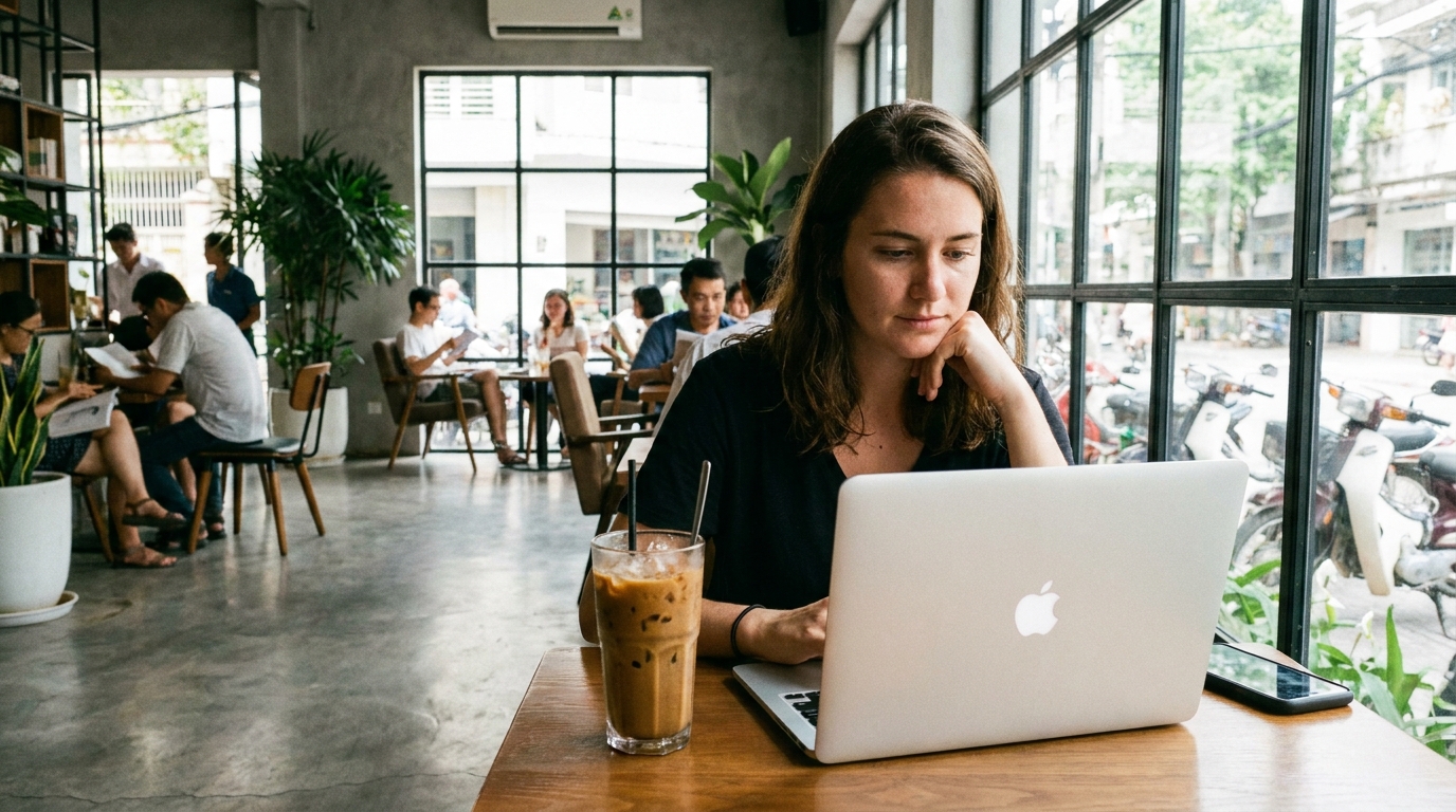 A remote worker sitting with a laptop at a Saigon cafe, working over a Vietnamese coffee with other tables of workers visible in the background, a typical Saigon cafe working scene
