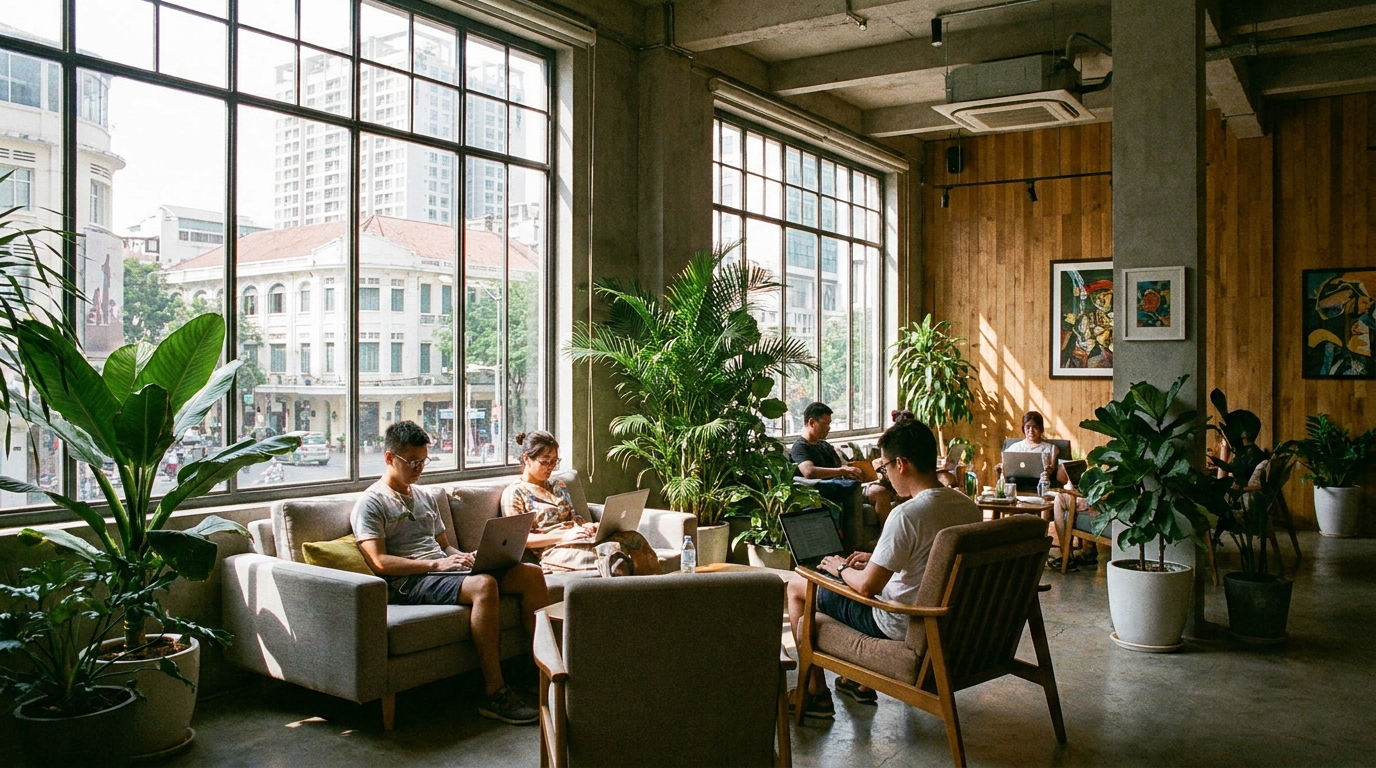 A coworking common area in Saigon showing lounge seating, whiteboards, phone booths, tropical plants, and a community noticeboard in a vibrant creative workspace atmosphere