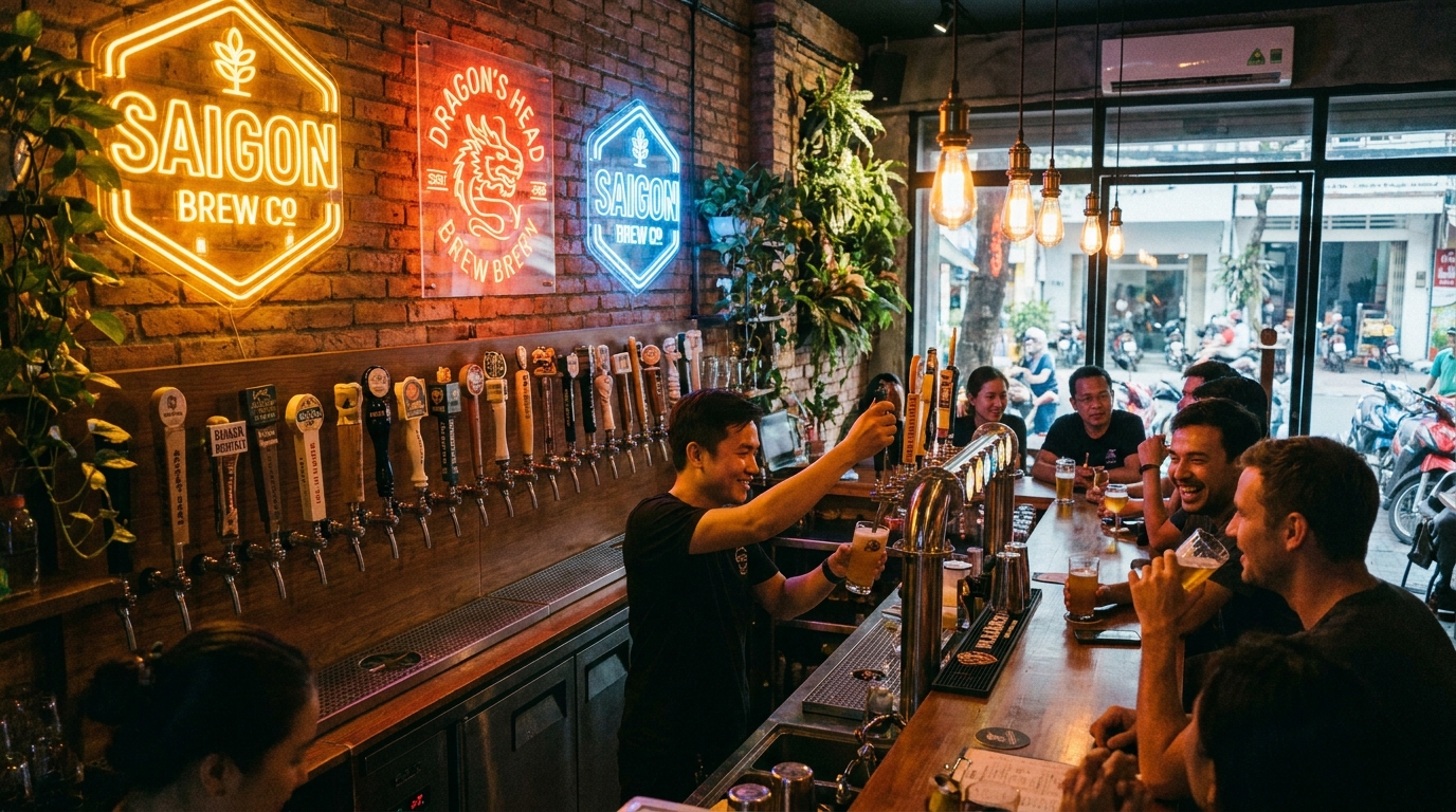Interior of a Saigon craft beer bar with taps along the bar counter, neon brewery signs on the walls, a bartender serving customers under warm amber lighting