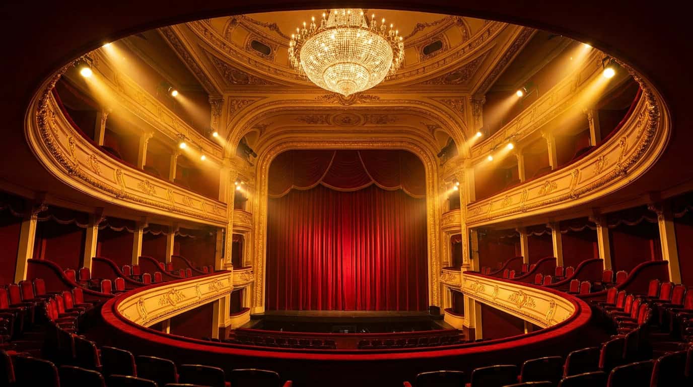 The ornate red and gold interior of the Saigon Opera House auditorium with crystal chandelier, tiered balcony seating, and the stage visible from the rear stalls