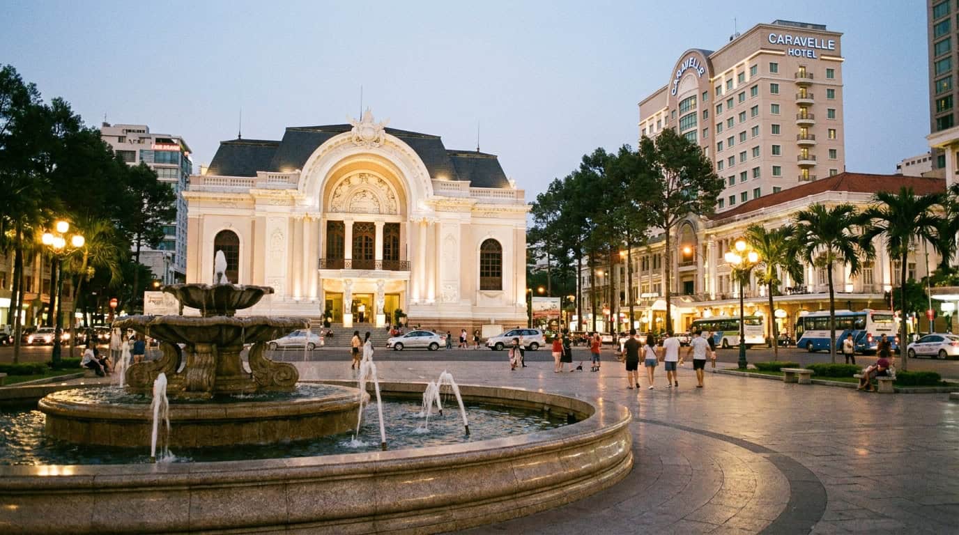 Lam Son Square in front of the Saigon Opera House with illuminated fountain, evening pedestrians, and the Caravelle Hotel visible in the background at dusk