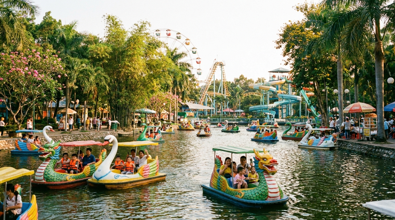 Dam Sen Water Park area in Saigon showing the lake and recreational park with visitors, tropical vegetation, and an amusement ride visible in the background.