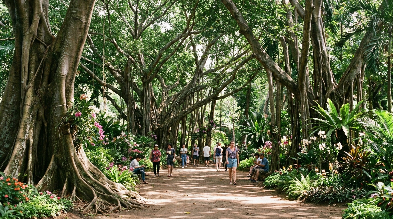 Saigon Botanical Garden showing dense tropical trees, flowering plants, and a wide shaded path with visitors walking through the lush green grounds.