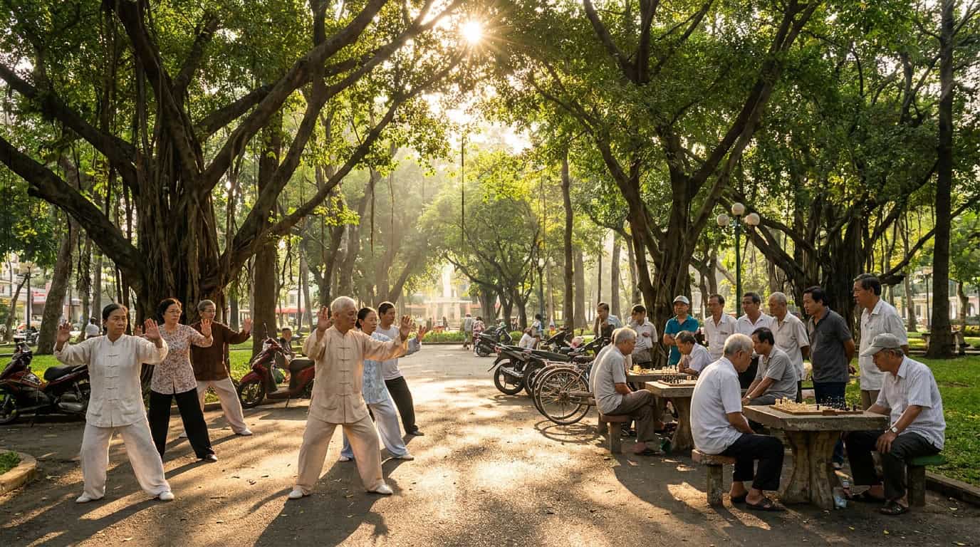 Tao Dan Park morning scene in Saigon with early risers doing tai chi under trees, elderly men playing chess at concrete tables, and morning light filtering through the canopy.