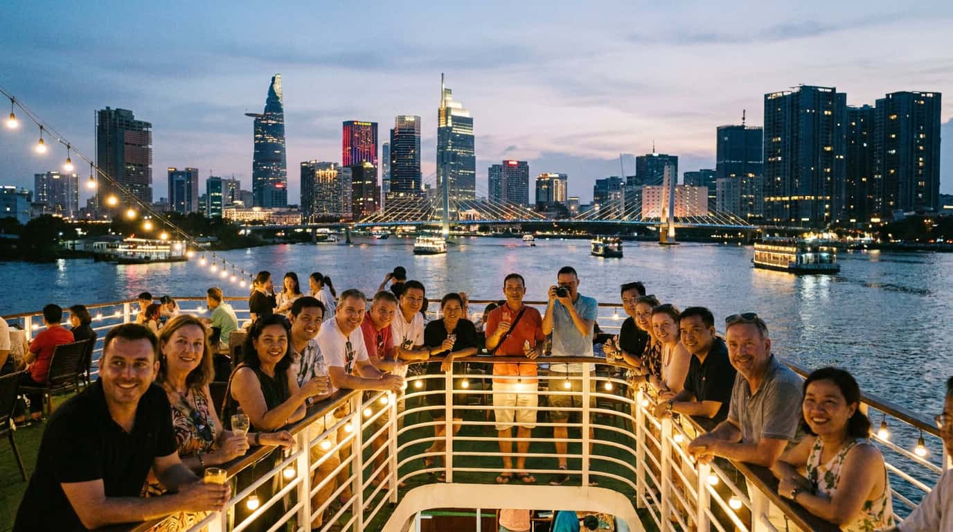 View from the upper deck of a Saigon River cruise at night, city skyline and bridge lights reflecting on the water, fellow passengers leaning at the railing, warm evening atmosphere