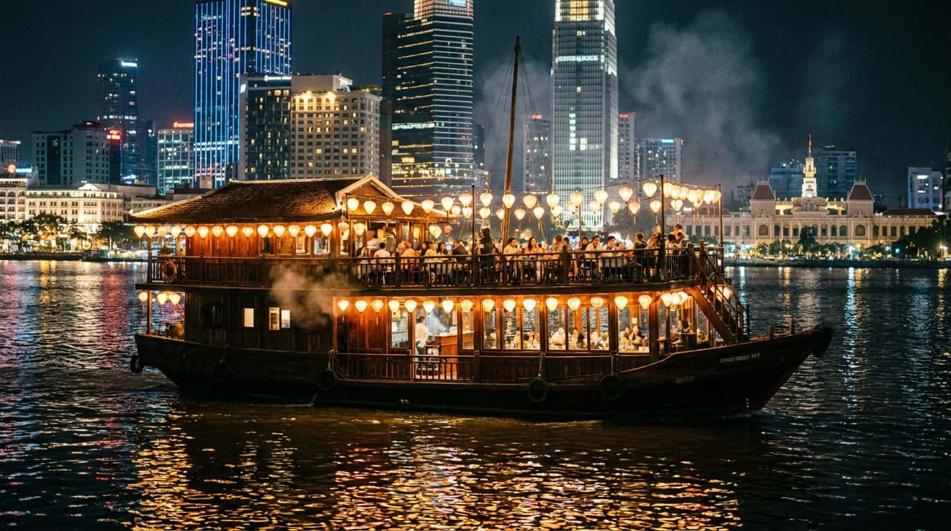 A traditional wooden dinner cruise boat on the Saigon River at night, red lanterns glowing on the deck, city lights reflecting in long streaks on the dark water below