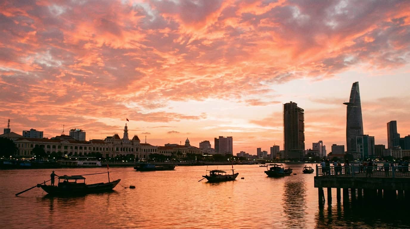 Saigon River at sunset from Bach Dang Wharf in District 1, an orange and pink sky reflected in the wide calm river, silhouetted boats and the District 1 waterfront in the distance