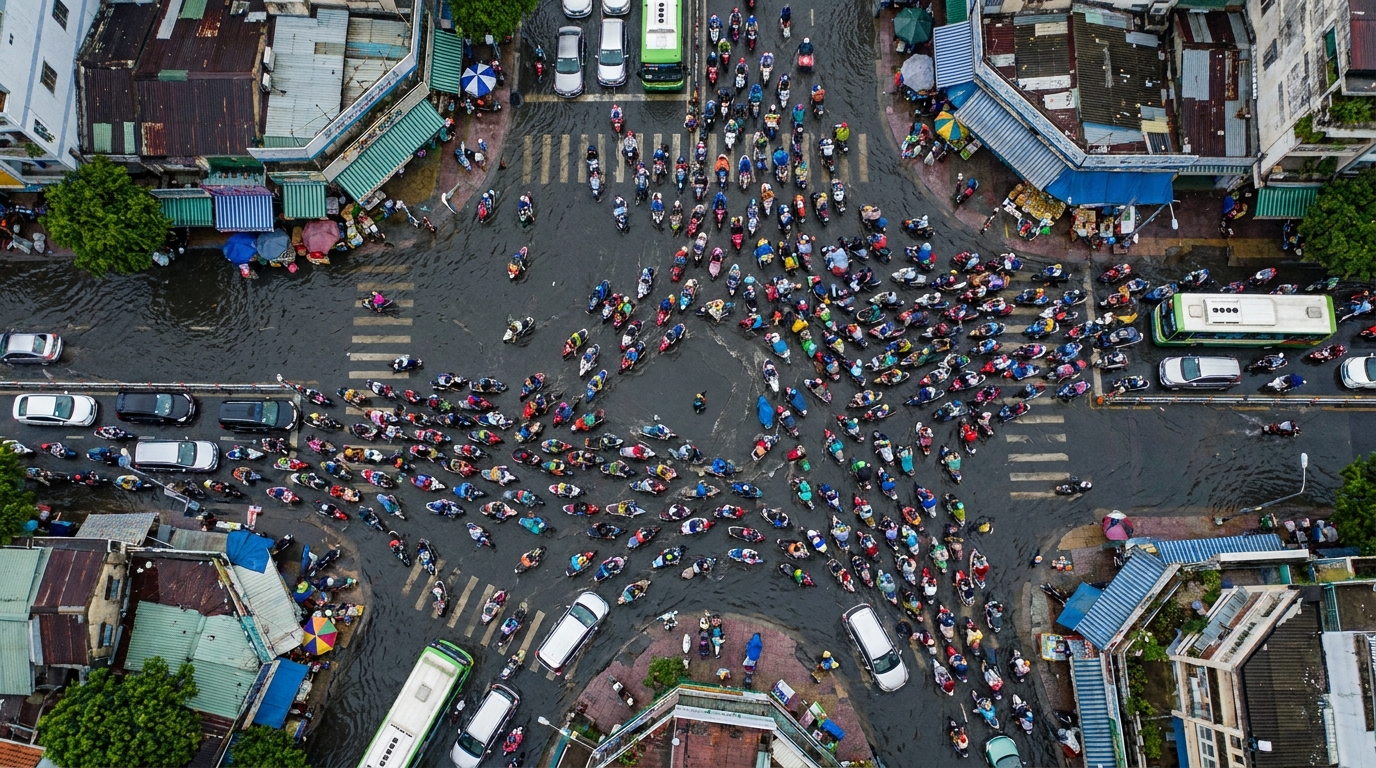 A wall of motorbikes filling a Saigon intersection at peak hour, seen from above, with hundreds of riders navigating the controlled chaos of the city's streets.