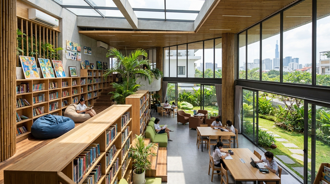 A modern library in a Saigon international school showing well-stocked shelves, comfortable reading areas with natural light, and students studying in a bright educational environment