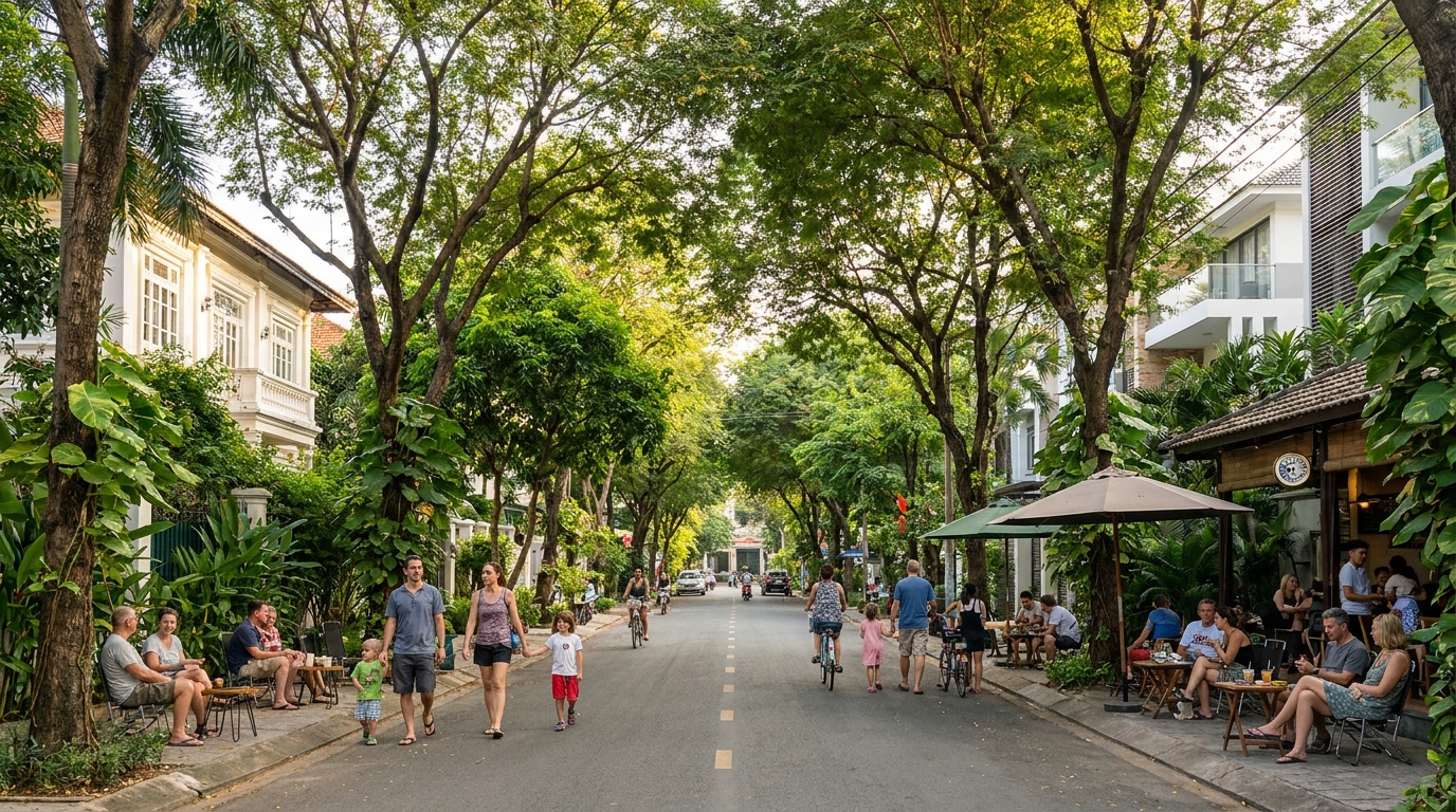 The Thao Dien neighborhood in Saigon near international schools showing family-friendly streets with school buses visible, tree-lined residential atmosphere, and the expat family neighborhood character