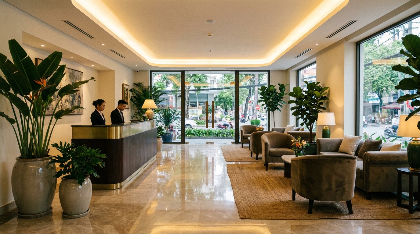 The lobby of a Saigon serviced apartment building showing a hotel-style reception desk with concierge staff, marble floors, and upscale residential ambience