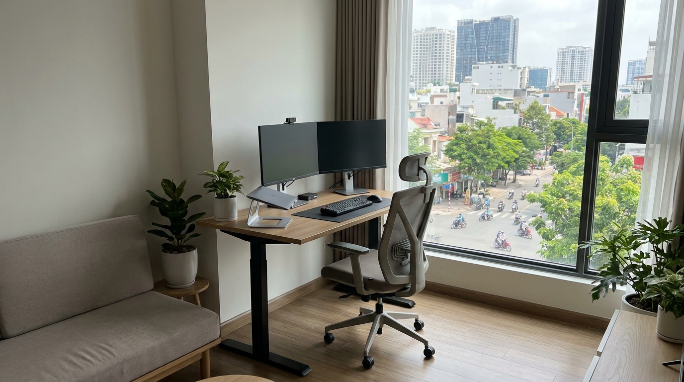 A workspace corner in a Saigon serviced apartment showing a desk with city view through large windows, good lighting, and ergonomic setup for remote work in a contemporary interior