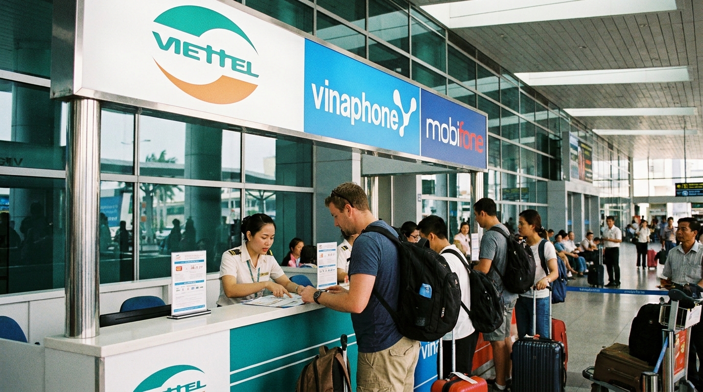 The tourist SIM card purchase counter at Tan Son Nhat Airport arrivals hall, with Viettel, Vinaphone, and Mobifone signage, a staff member assisting a traveller with paperwork