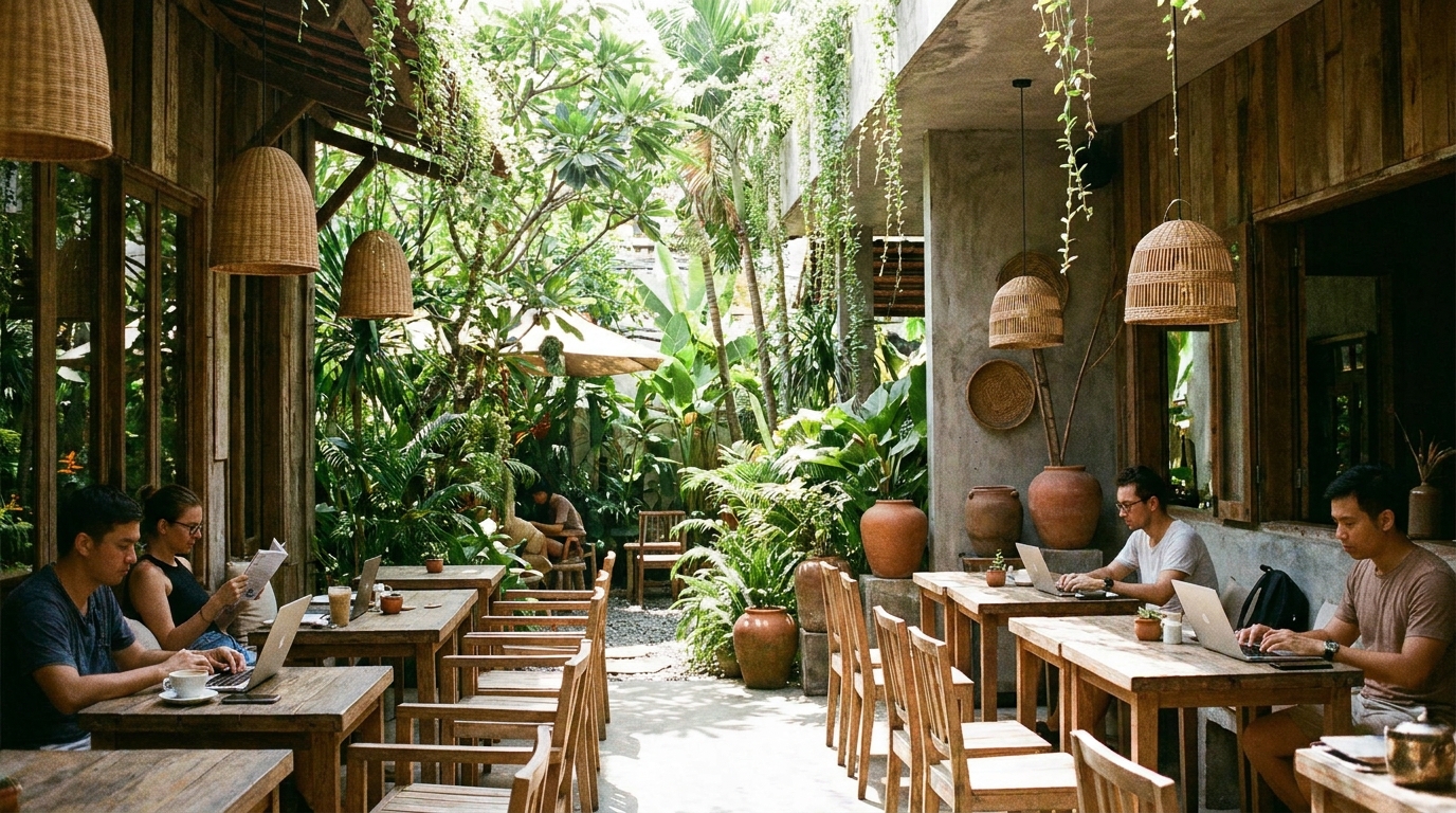 An outdoor terrace of a Thao Dien cafe with wooden furniture, hanging plants, and morning light filtering through tropical garden foliage, a few guests with coffee and laptops at tables