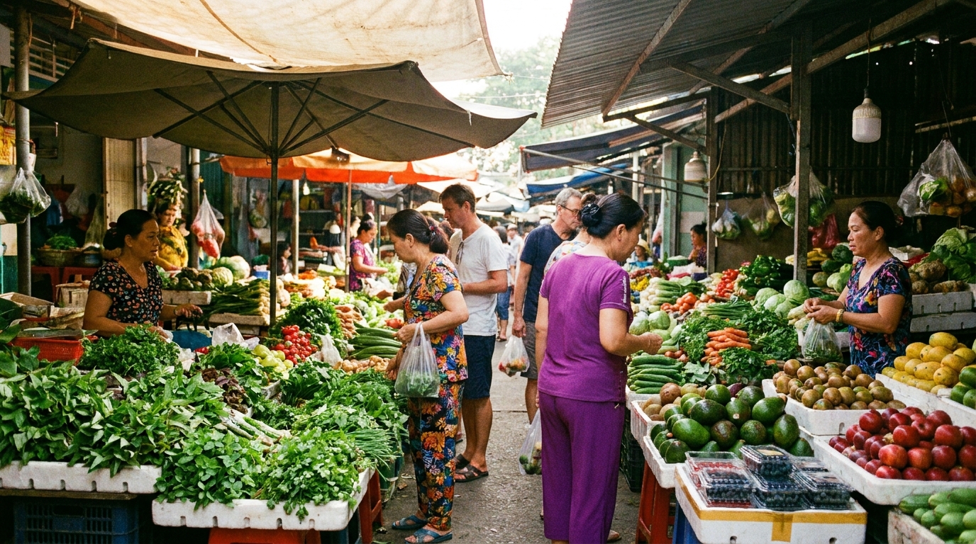 Vendors at Thao Dien Market in Saigon selling trays of fresh herbs, vegetables, and imported produce, with customers browsing the covered stalls in morning market light