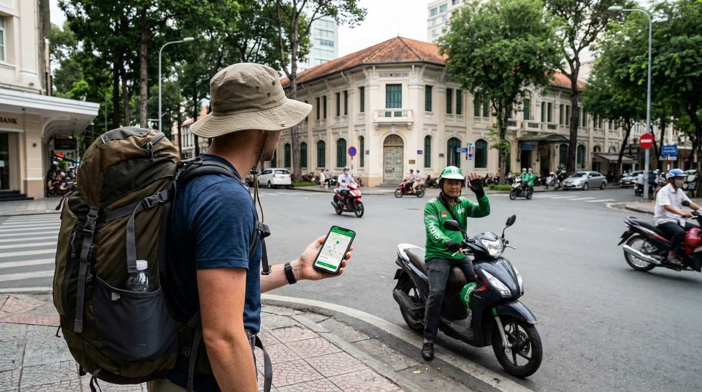 A tourist using the Grab app on a smartphone to book a motorbike ride in Saigon with the app screen visible and a Grab driver arriving on a motorbike on a city street