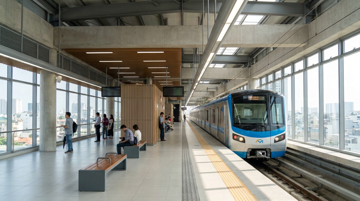 Interior of a Saigon Metro Line 1 station with a modern elevated platform, passengers waiting, clean infrastructure, and a Metro train arriving at the platform