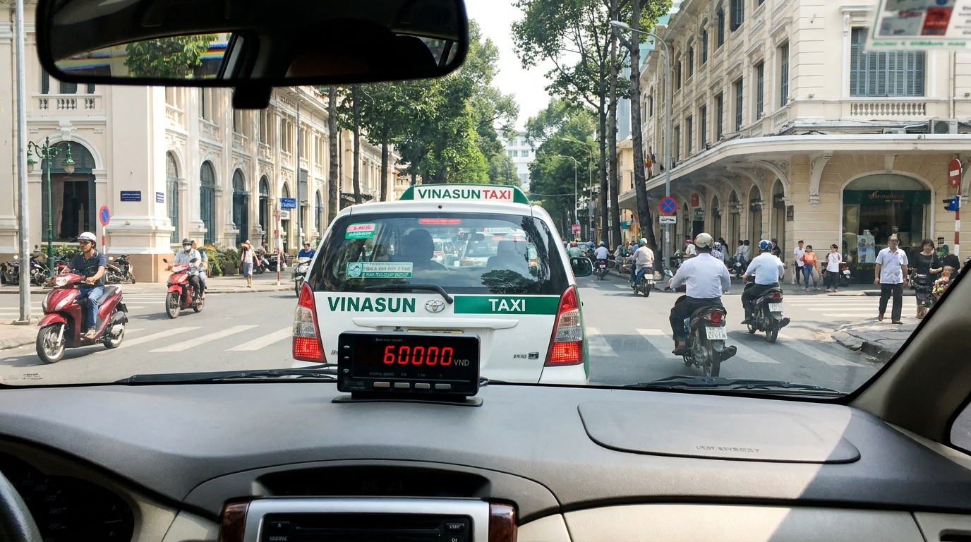 A Vinasun taxi on a Saigon street showing the distinctive white and green taxi livery with the meter visible inside and District 1 urban background