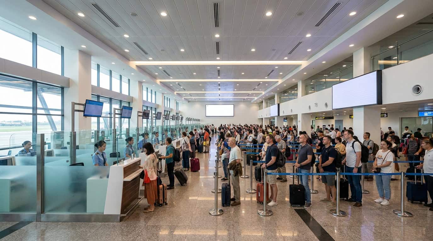 The immigration hall at Tan Son Nhat International Airport in Saigon showing the rows of immigration booths with officers processing arriving international passengers.