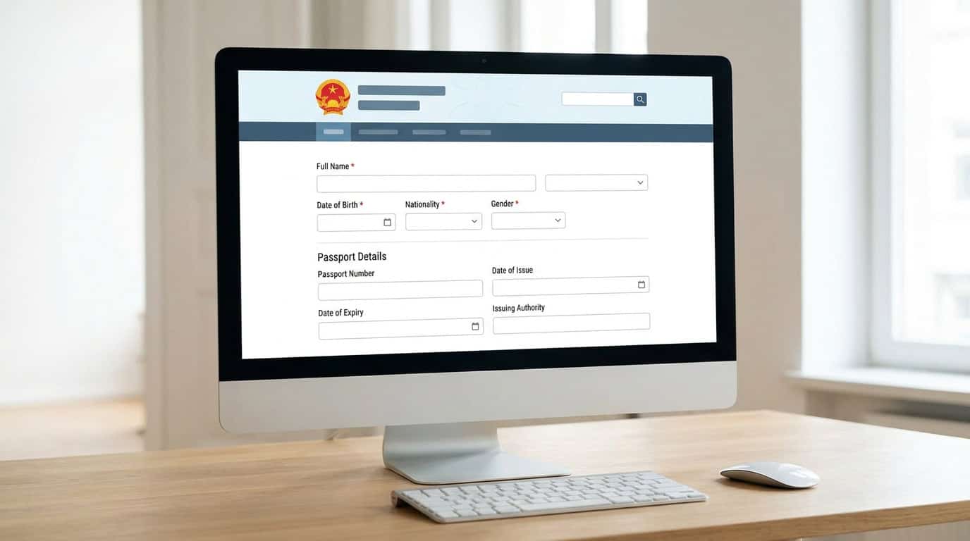 The Vietnam e-visa application portal displayed on a computer screen, showing the form fields for personal information, passport details, and entry point selection.