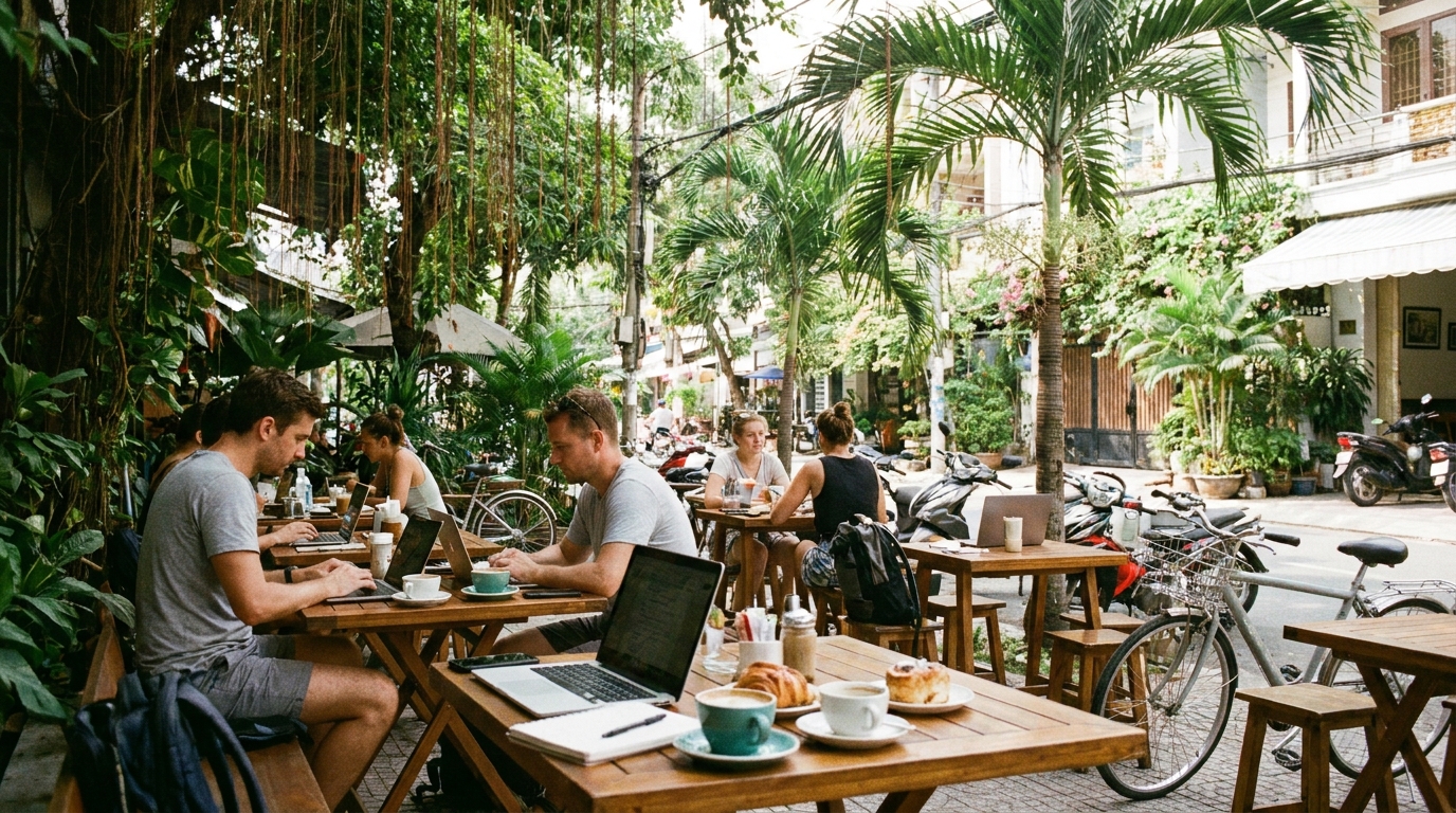 Thao Dien Saigon cafe on a tree-lined street with outdoor seating, bicycles parked outside, and morning brunch crowd