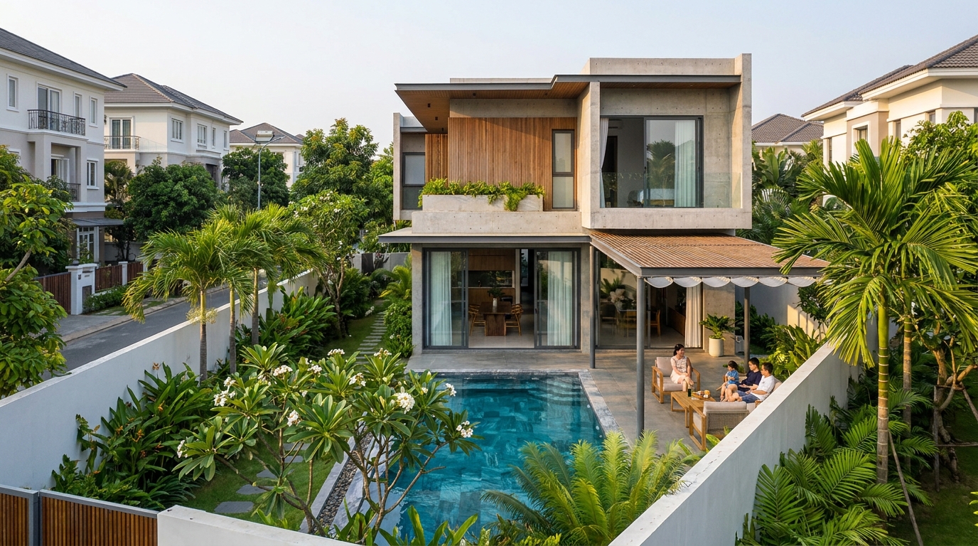 Thao Dien Saigon villa rental with white French colonial facade, tropical garden, and private parking space in a quiet residential lane