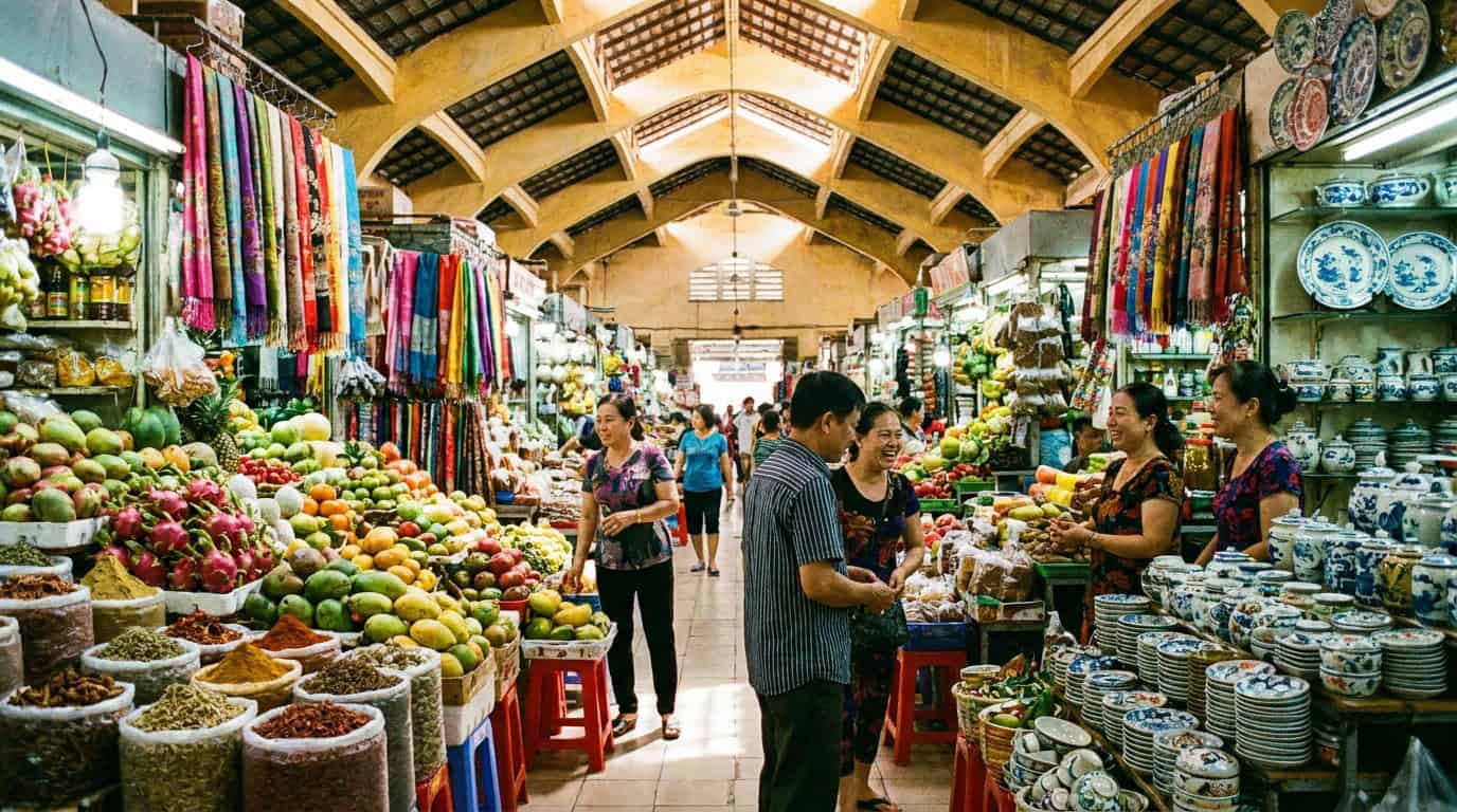 Interior of Ben Thanh Market Saigon with vibrant stalls of tropical fruits spices and Vietnamese ceramics under high arched ceilings