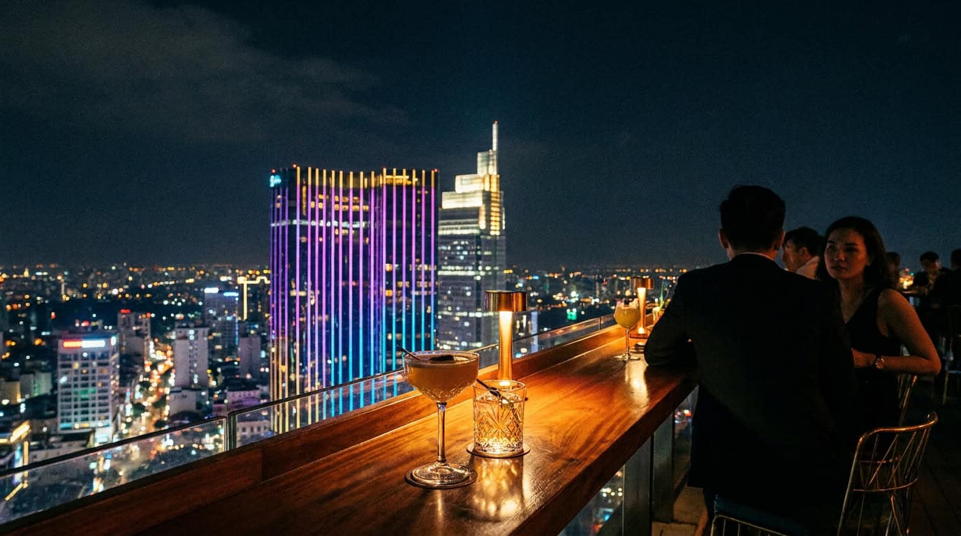 Saigon city skyline at night viewed from a rooftop bar with the illuminated Bitexco Financial Tower dominating the horizon and cocktail glasses in the foreground