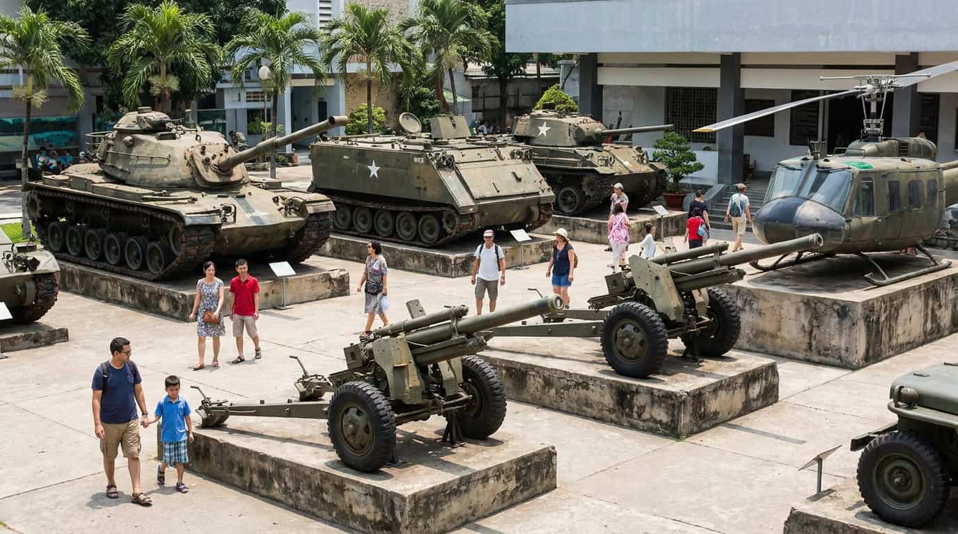 Open-air display of decommissioned US military vehicles and artillery pieces at the War Remnants Museum Saigon, including armoured personnel carriers and artillery guns.