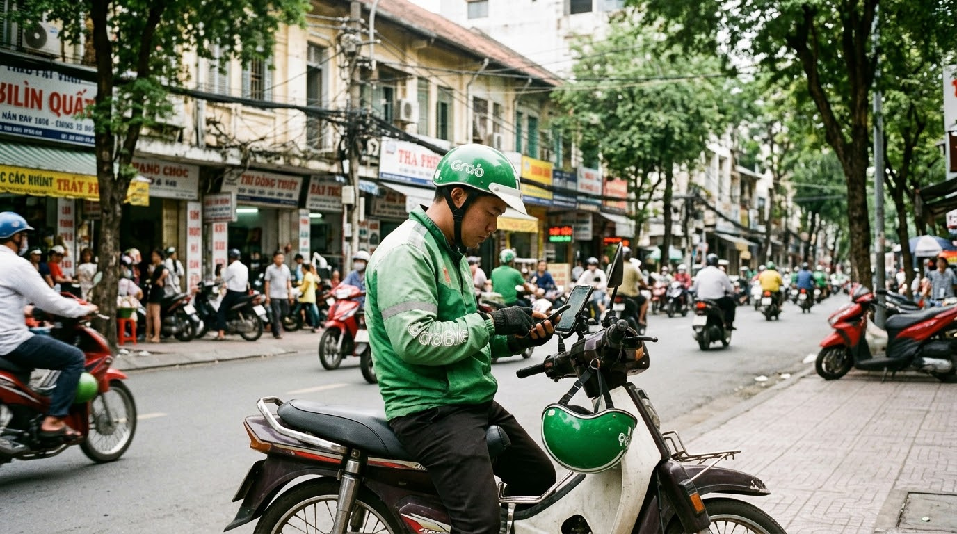 A GrabBike rider waiting on a central Ho Chi Minh City street